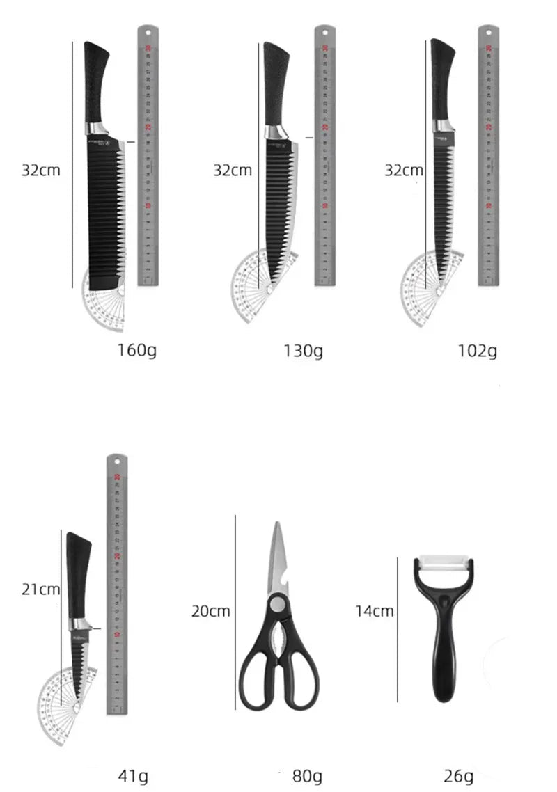 Conjunto de ferramentas de 6 peças, facas de onda preta, faca de aço inoxidável, faca de chef, faca de frutas